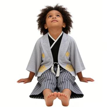 Imagem de Fantasias de samurai para meninos, conjunto de roupas de quimono infantil, para meninos, guerreiro japonês, fantasia de Halloween, cosplay, manto Ninja cinza