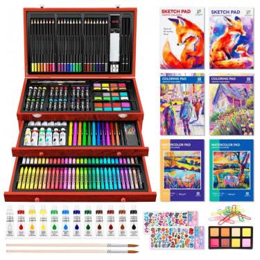Imagem de Kit Lápis de Cor Profissional com Maleta de Madeira 185 peças e 2 Livros de Esboço, POPYOLA, Marrom