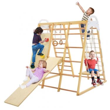 Imagem de Playground GLACER Ginásio Indoor 8 em 1, Trepa-Trepa de Madeira com Escorregador, Balanço, Barras de Macaco, Escada de Corda