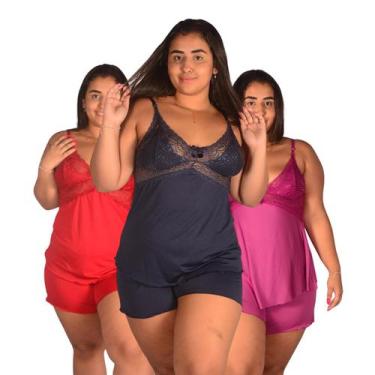 Imagem de Kit 3 Baby Doll Pijama Plus Size Short Doll Em Renda - Lynda Lingerie,