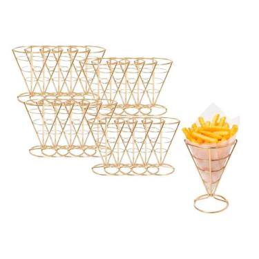 Imagem de Suporte Cone Fritas Cestinha Inox Dourado Servir Petisco 50un - casa c
