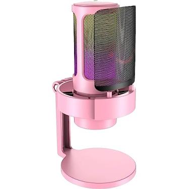 Imagem de Microfone RGB Condensador Com Conector De Monitoramento De Fone De Ouvido USB Profissional Controle De Luz Gamer Para Computador Jogos Transmissao Ao Vivo Plug And Play - BELLA NET (Rosa)