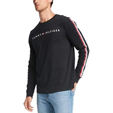 Imagem de Tommy Hilfiger Camiseta masculina de manga comprida com estampa de algodão, Preto Jet, M
