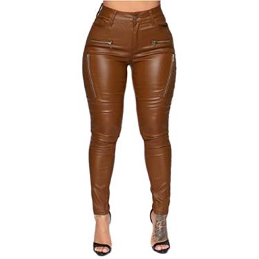 Imagem de Calças femininas de couro falso com cintura alta revestidas stretch jeans skinny calça de couro sexy calça lápis com vários bolsos (marrom 3XL)