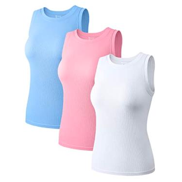 Imagem de OQQ Camiseta regata feminina de 3 peças sem mangas, gola redonda, com elástico, Candyblue, rosa doce, branco, GG