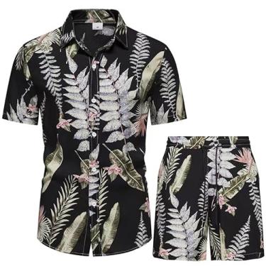 Imagem de MANTORS Conjunto masculino floral havaiano de 2 peças de camisa de manga curta com botão e shorts, Np07, P