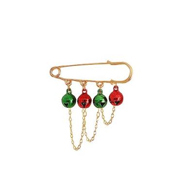 Imagem de Jingle Bell Alfinete de segurança corrente rosqueador broche de Natal para mulheres meninas verde vermelho sininho bonito ornamento grinalda broches lapela broche festival de Natal Ano Novo presente
