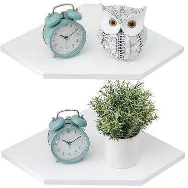 Imagem de Conamily Prateleiras flutuantes de canto, prateleira de parede de canto branco, conjunto de 2 prateleiras flutuantes de madeira de carvalho maciça, prateleira de montagem na parede com orifício de