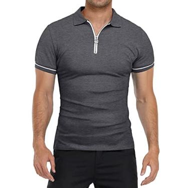 Imagem de Nova camiseta polo masculina de verão fina manga curta gola polo cor sólida slim fit camiseta top, Cinza escuro, P
