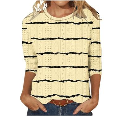Imagem de Camiseta feminina manga 3/4 outono verão gola canoa ajuste solto corte longo camiseta feminina 2024 moderna, R-635 Amarelo Mostarda, XG