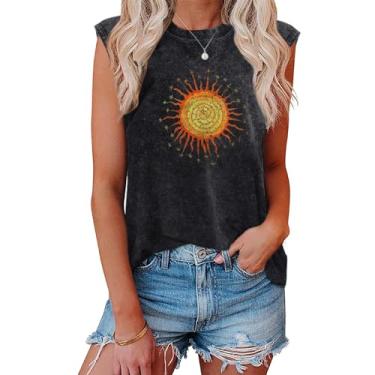 Imagem de Fkatuzi Camiseta regata feminina com estampa de banda de rock vintage com estampa de sol retrô para concertos de algodão sem mangas, Preto, XXG
