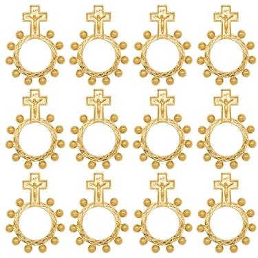 Imagem de Pacote com 12 anéis de rosário dourado | Rosário da Grande Década que cabe na bolsa, bolso e carteira | 4,3 cm de altura | Presente católico para primeira comunhão e confirmação, Metal não precioso,