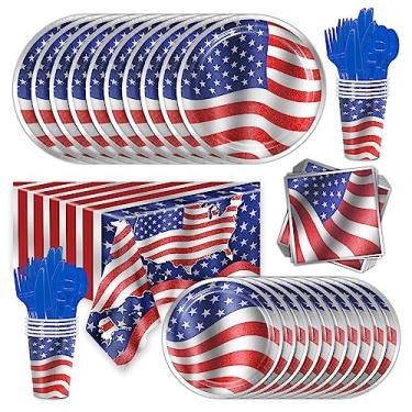 Imagem de J.H LIVING Utensílios de mesa descartáveis Patriotic Party Supplies – Inclui guardanapos, pratos de papel, copos de papel, facas, garfos, colheres, toalha de mesa para o dia das eleições, 4 de julho,