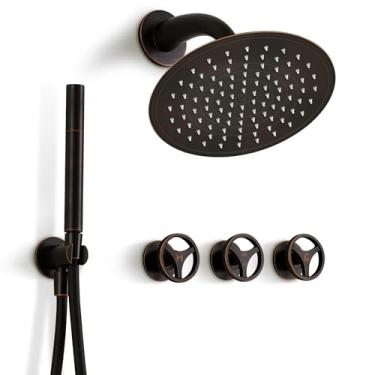 Imagem de SKOWLL Conjunto de torneira de chuveiro industrial com sistema de cabeça de chuveiro, montagem na parede, conjunto de válvula de chuveiro de chuva de 25 cm com kit de acabamento de chuveiro de 3 alças, bronze polido a óleo