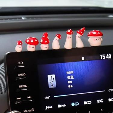 Imagem de Generic Conjunto de 7 enfeites de espelho retrovisor de carro mini cogumelo fofos decorações divertidas de painel kawaii acessórios interiores de carro para presentes femininos, vermelho/branco