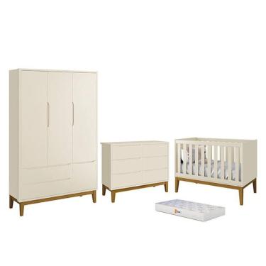 Imagem de Dormitório Completo Infantil Classic 3 Portas, Cômoda 6 Gavetas, Berço com Pés Amadeirado e Colchão D18 - Reller Móveis