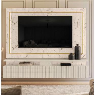 Imagem de Rack Suspenso Gaia com Led e 2 Gavetas Com Detalhes Ripado Calacata Of