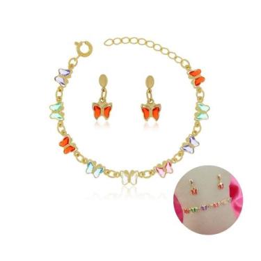 Imagem de Kit Brinco E Pulseira Infantil Com Borboletas Coloridas - Crislu Joias
