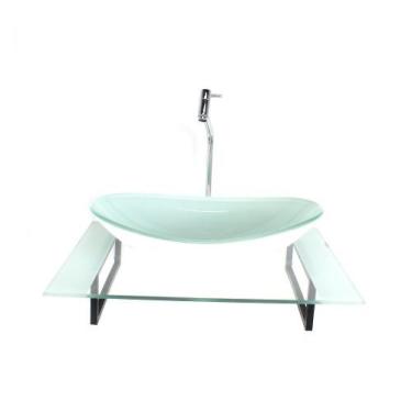 Imagem de Kit cuba de vidro oval com tampo 60cm branco e suporte preto - CUBAS E