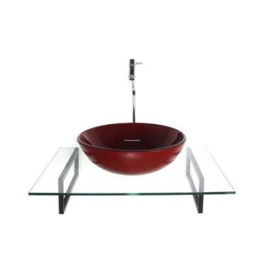 Imagem de Kit cuba de vidro redonda vermelho cereja com tampo 60cm incolor e sup