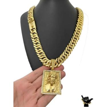 Imagem de Corrente Grumet 18mm + Pingente Rosto 3D -Banhado a Ouro 18k - ToJoia1