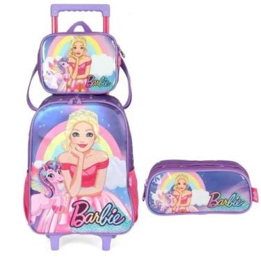 Imagem de Kit Mochila Rodinha Lancheira Barbie Unicórnio Escolar Rosa Estojo Lux