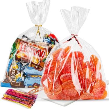 Imagem de NPLUX Pacote com 100 sacos de celofane pequenos sacos de plástico para biscoitos transparentes com laços torcidos para pequenos brindes de festa, padaria, doces, pipoca (5 × 7 polegadas)