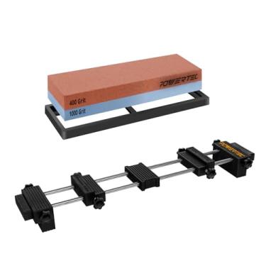 Imagem de POWERTEC Conjunto de pedra de amolar e suporte 72200, suporte de pedra de ponte de pia com pedra de amolar de grão dupla face 400/1000 e base de borracha antiderrapante