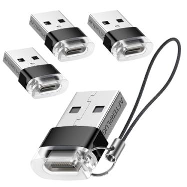 Imagem de Adaptador Afterplug USB para USB-C (pacote com 4, com cordões), conversor de carregador USB-A macho para tipo C fêmea, OTG, design de dois tons, para iPhone, telefones Samsung Galaxy, laptops, Apple