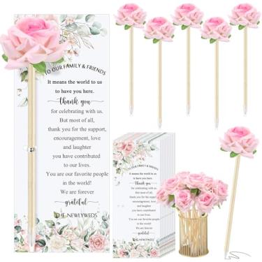 Imagem de Spakon 36 Set Wedding Favors for Guests Bulk Artificial Rose Pens Thank You Cards with Twine Flower Pens Ballpoint Pen Black Ink for Wedding Bridal Shower Games Proposal Gift (Classic Style)