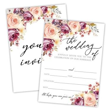 Imagem de Convites de casamento de rosas em aquarela - 25 peças convites de casamento dupla face com envelopes para Sr. e Sra. - Celebração de casamento, convite de casamento floral, recém-casados,