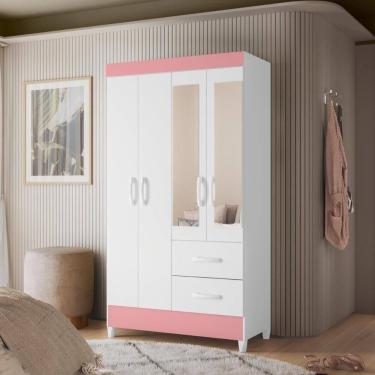 Imagem de Guarda Roupa 4 Portas Roma Com Espelho Branco Rosa