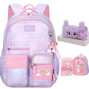 Imagem de Mochila kistou Girls Rainbow School Elementary com estojo de lápis
