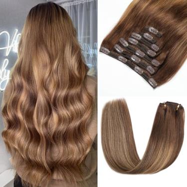 Imagem de Rimoss Grampo Em Extensões De Cabelo Cabelo Humano Real 180G Premium 24 Polegadas 7 Peças Ombre Chocolate Marrom Para Caramelo Loiro Balayage Remy Cabelo Humano Grampo Ins Extensões Retas Para Mulhe