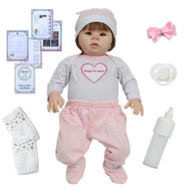Imagem de Boneca Bebê Reborn Corpo de Vinil Cabelo Fio a Fio 12 Itens - Cegonha 