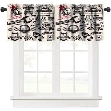 Imagem de Cortinas de sanefas masculinas retrô, logotipos de oficina de reparo de carro, silhuetas de carro monocromáticas, melhor garagem da cidade, cortina curta para janela, saia para cozinha, quarto,