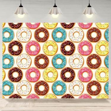 Imagem de 2,1 x 1,5 m, pano de fundo de donut, decoração de mesa de bolo para chá de bebê, decoração de mesa, adereços coloridos de confetes coloridos para festas de aniversário, decoração de mesa de bolo