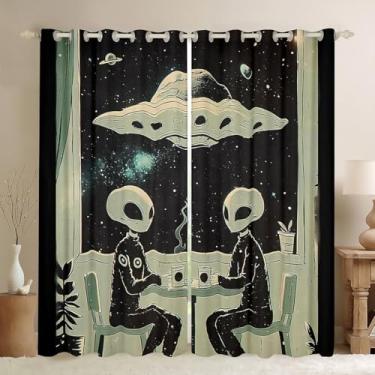 Imagem de Cortinas de janela com estampa alienígena, cortina de janela do espaço sideral para decoração de quarto, cortina de espaçonave de 2 painéis para adultos adolescentes, 106 cm L x 150 cm C