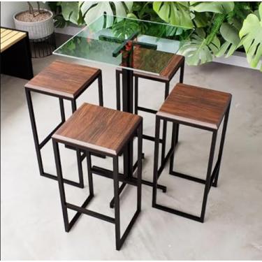 Imagem de Conjunto Mesa Alta Bar Bistrô Quadrada Vidro 4 Bancos Imbuia Industrial Black
