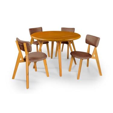 Imagem de Conjunto Sala de Jantar 4 Cadeiras Liz em Madeira Revestida em Linho (Marrom)