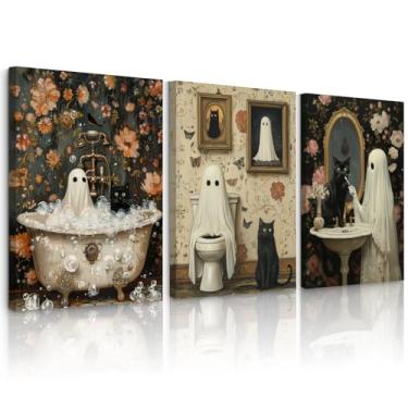 Imagem de Decoração de parede gótica de Halloween para banheiro, gótico, pôster em tela engraçada Dark Academia, decoração de parede, imagens de fantasmas de terror, impressões assustadoras, pinturas fofas de