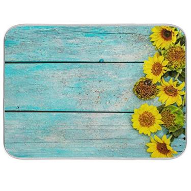 Imagem de ALAZA Girassóis frescos em tábuas de madeira, tapete de secagem de pratos para cozinha absorvente de cozinha, pequeno tapete de secagem para bancadas de cozinha, 40 x 45 cm