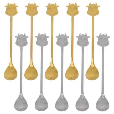 Imagem de 10 peças lindas de colheres de vaca, mexendo chá, café, colher de aço inoxidável, colher de bolo de sobremesa, coquetel, mexer, , bebida fria