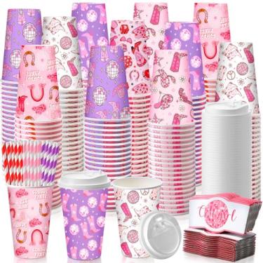 Imagem de Jingmore 120 conjuntos de copos de papel de caubói ocidental de 473 ml com mangas, tampas e canudos, descartáveis, rosa, caubói selvagem e discoteca, bebida quente para aniversário, despedida de