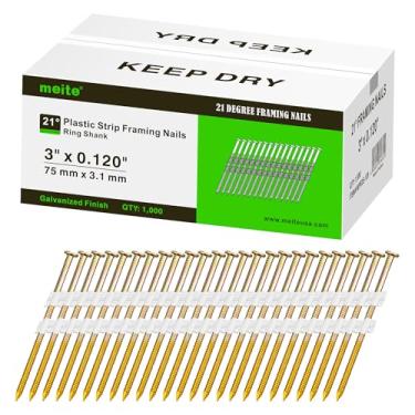 Imagem de meite Pregos de moldura de 21 graus (1.000 unidades) 7,5 cm x 0,30 cm acabamento galvanizado cabeça redonda pregos de moldura agrupados de plástico para pregador de moldura