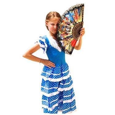 Imagem de AMINA Vestido flamenco para menina com babados na saia com detalhes de babados e bolinhas na saia. Fantasias de folclórico espanhol, andaluz, flamenco, (azul - branco, 6)