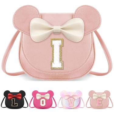 Imagem de izuzta Bolsa infantil para crianças 1 2 3 4 5 6 7 8 anos de idade bonito mouse orelha laço bolsa transversal presente de aniversário, Grande/bolsa rosa/letra branca, I, I