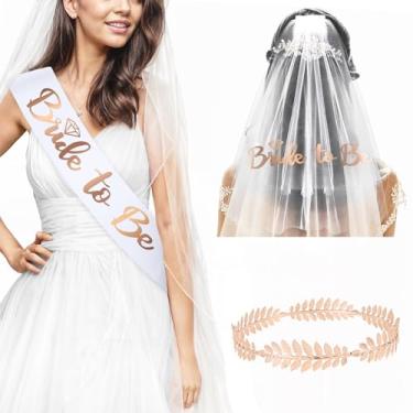 Imagem de KatchOn, Rose Gold Bachelorette Party Decorations - Pack of 3 | Bride to Be Sash and Veil, Bride Headband for Wedding Shower Decorations | Bride Sash and Wedding Tiara for Bridal Shower Decorations