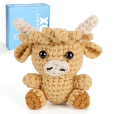 Imagem de CrochetBox Kit de crochê para iniciantes, Highland Cow Easy Animals para adultos e crianças (12+), kit de tricô com fio, gancho, tutorial em vídeo (30% + fio)