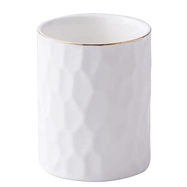 Imagem de YOSCO Porta-canetas estéticas de cerâmica para mesa, suporte de lápis branco fofo, organizador de copos, organizador de mesa, material de escritório – decoração de escritório elegante, suporte de